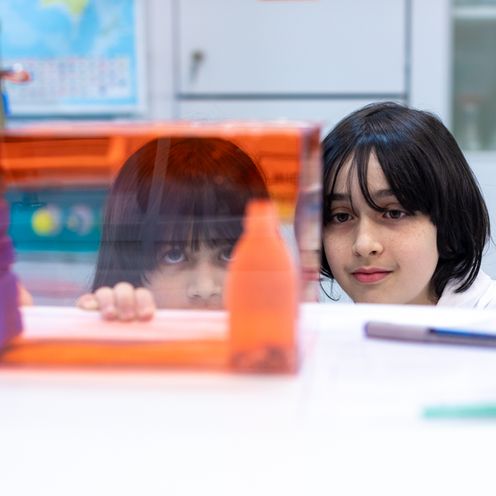 Kinder-Uni 2026 Zwei Kinder schauen in labor über eine Tischkante