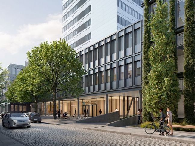 Neubau Grosse Johannisstraße Modellgrafik Moderne Glasfassade mit Begrünung