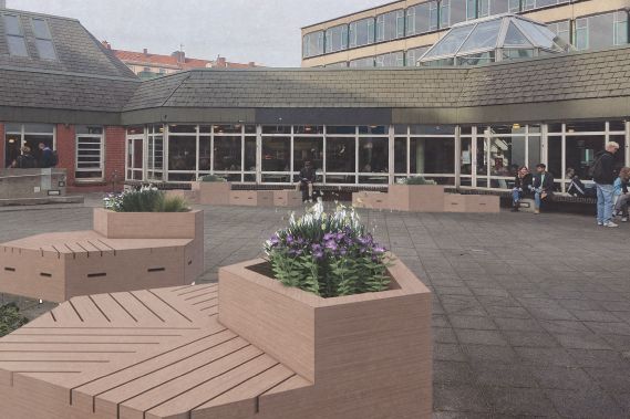 Ausschnitt Campusgrün Grafik zeigt Holzmöbel mit Grün auf dem Vorplatz der Mensa