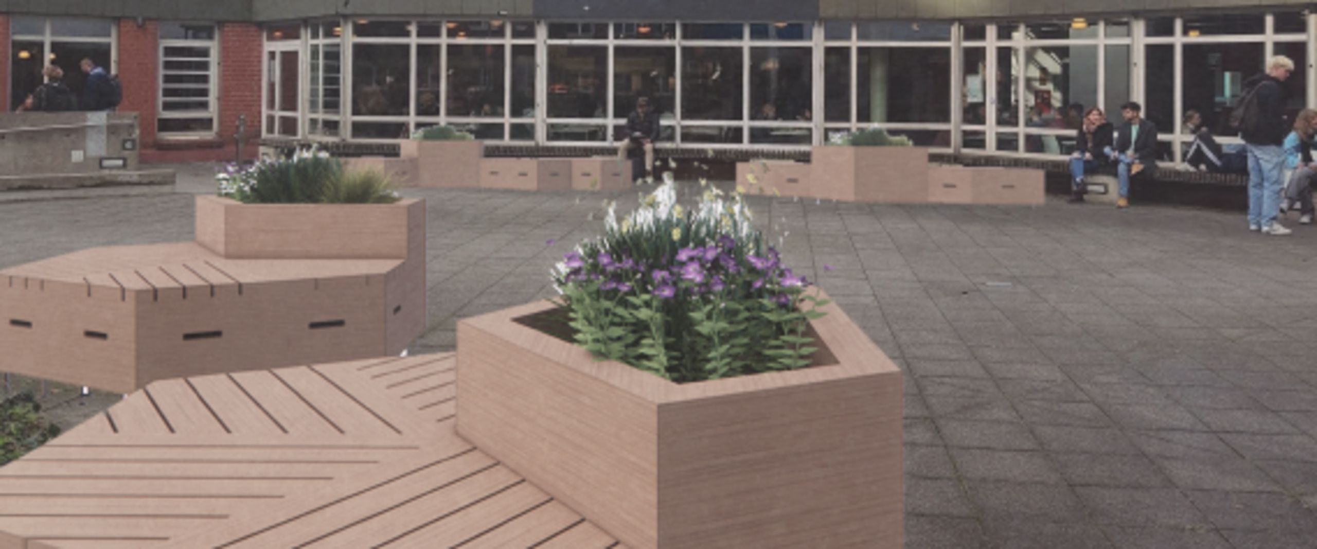 Ausschnitt Campusgrün Grafik zeigt Holzmöbel mit Grün auf dem Vorplatz der Mensa