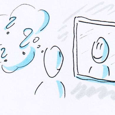 Spiegel Who cares Motiv: Mann mit Denkwolken schaut in Spiegel