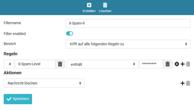 Bei den Regeln ist im ersten Feld "Betreff" ausgewählt. Ändern Sie diesen und wählen Sie "X-Spam-Level", im Feld nach "enthält" geben Sie "*********" (neun Sternchen) ein und verweisen im Abschnitt "Aktionen" auf "Nachricht löschen". Danach klicken Sie wieder auf "Speichern".