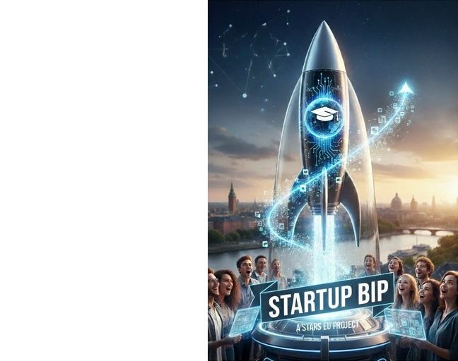 Startup Blended Intensive Programme 2025 A starting rocket symbolizes the term startup. It launches amidst a group of students looking at it full of admiration.
