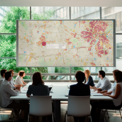 Niedersächsischer wärmeplaner Menschen sitzen am Tisch und schauen auf eine große Karte an einen Fenster