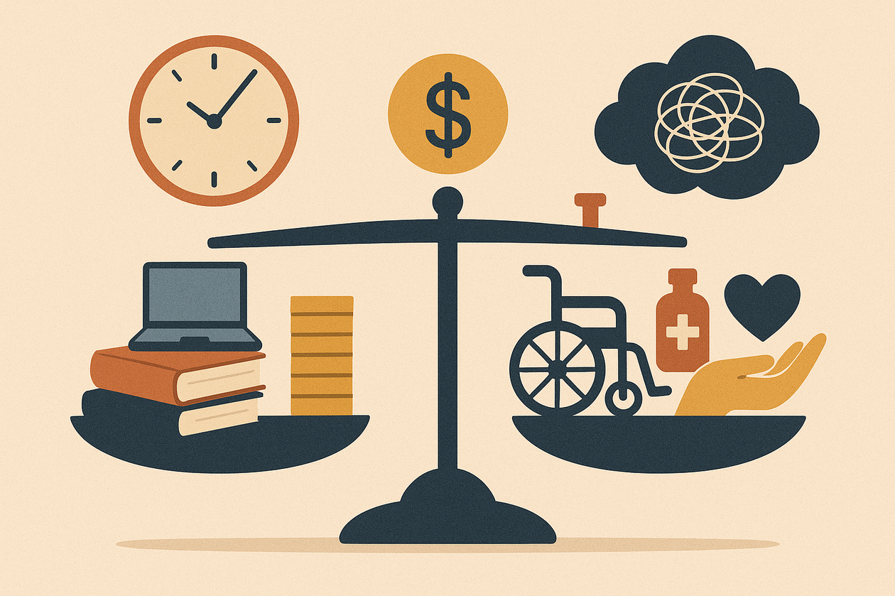 Waage mit Symbolen für Studium, Finanzen und Pflege, ergänzt durch Uhr, Geldsymbol und Stresswolke – Darstellung der Mehrfachbelastung pflegender Studierender.