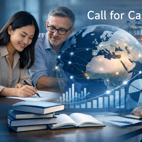 Call for papers - Cases in International Economics Drei Menschen sitzen um einen Tisch - arbeitend, forschend. Man sieht Bücher und einen Computer.