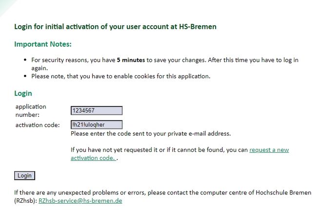 Initial activation of HSB account - step 3 Form - Enter activation code, applicant number and activation code (sent by e-mail) are required.